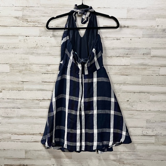 Eva Franco Linen Navy and White Checkered Halter Dress with Pockets - Picture 5 of 8